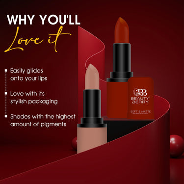 Beauty Berry Soft & Matte Moisturizing Velvet Lipstick For Women - Long-Lasting, Hydrating, High-Pigment Color. (Shade 03)